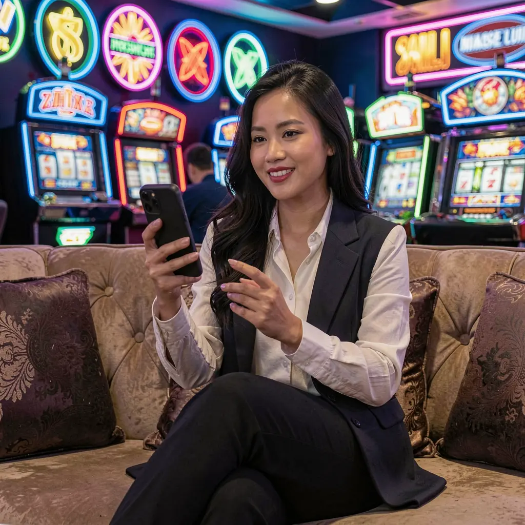 PHPHPH777 App – Enjoy immersive mobile casino entertainment for players in the Philippines Stylish Filipino woman relaxing on a sofa while using the PHPHPH777 casino app surrounded by colorful neon casino symbols and a modern gaming atmosphere