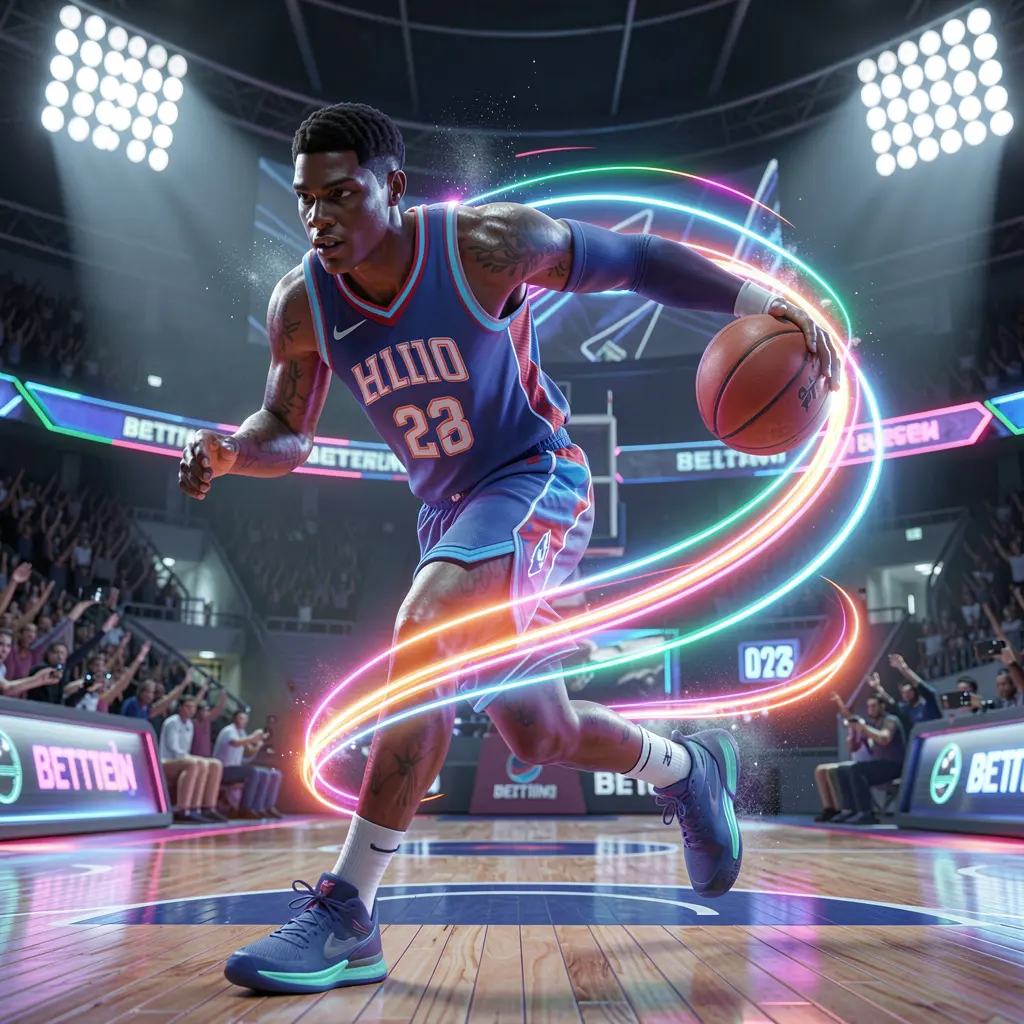 PHPHPH777 – Experience fast and exciting basketball betting in the Philippines Dynamic neon basketball player making a powerful move on the court with glowing trail effects representing fast paced sports betting action on PHPHPH777