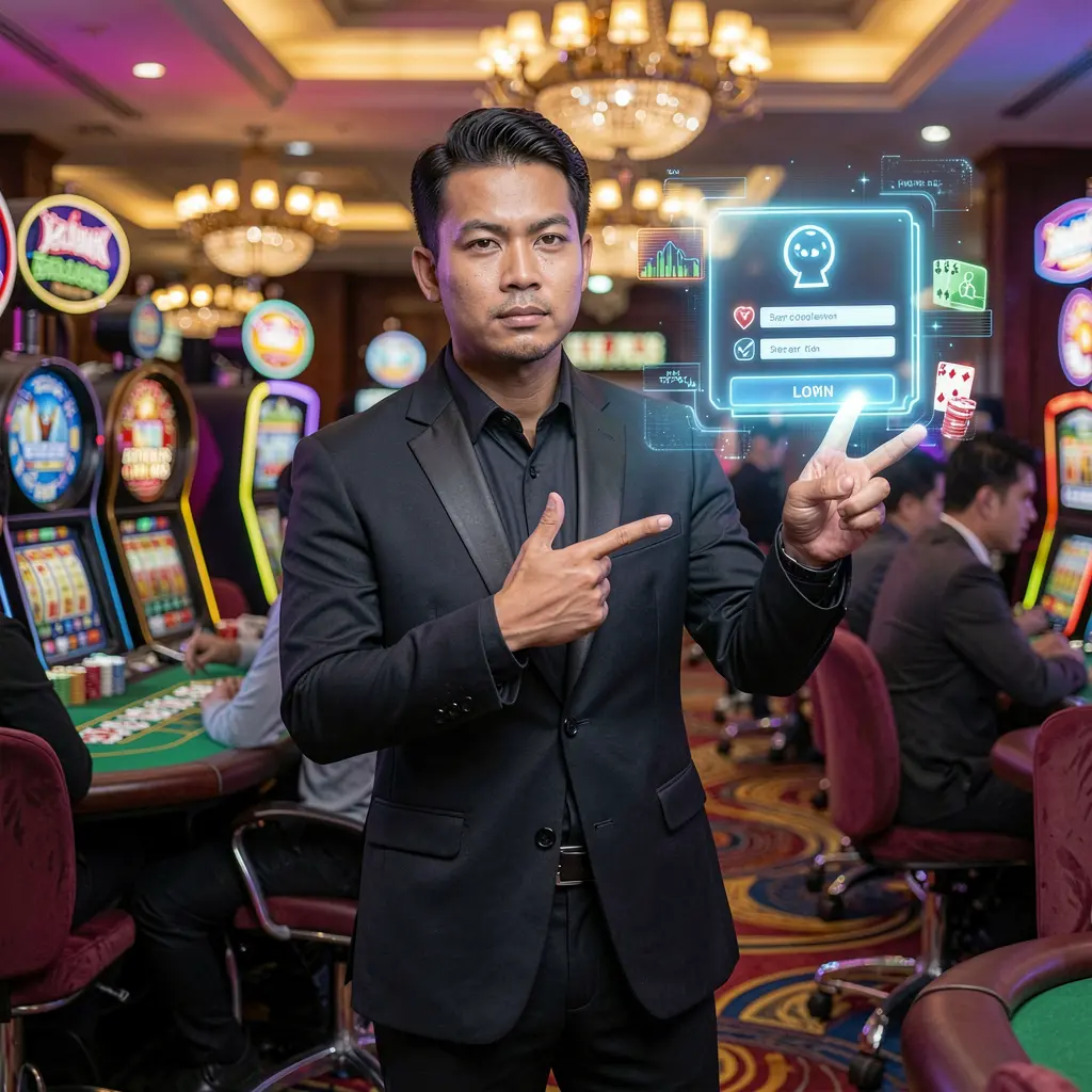 PHPHPH777 Login – Enter the world of premium online casino gaming in the Philippines Confident Filipino casino dealer pointing at a glowing holographic login button inside a vibrant PHPHPH777 casino environment