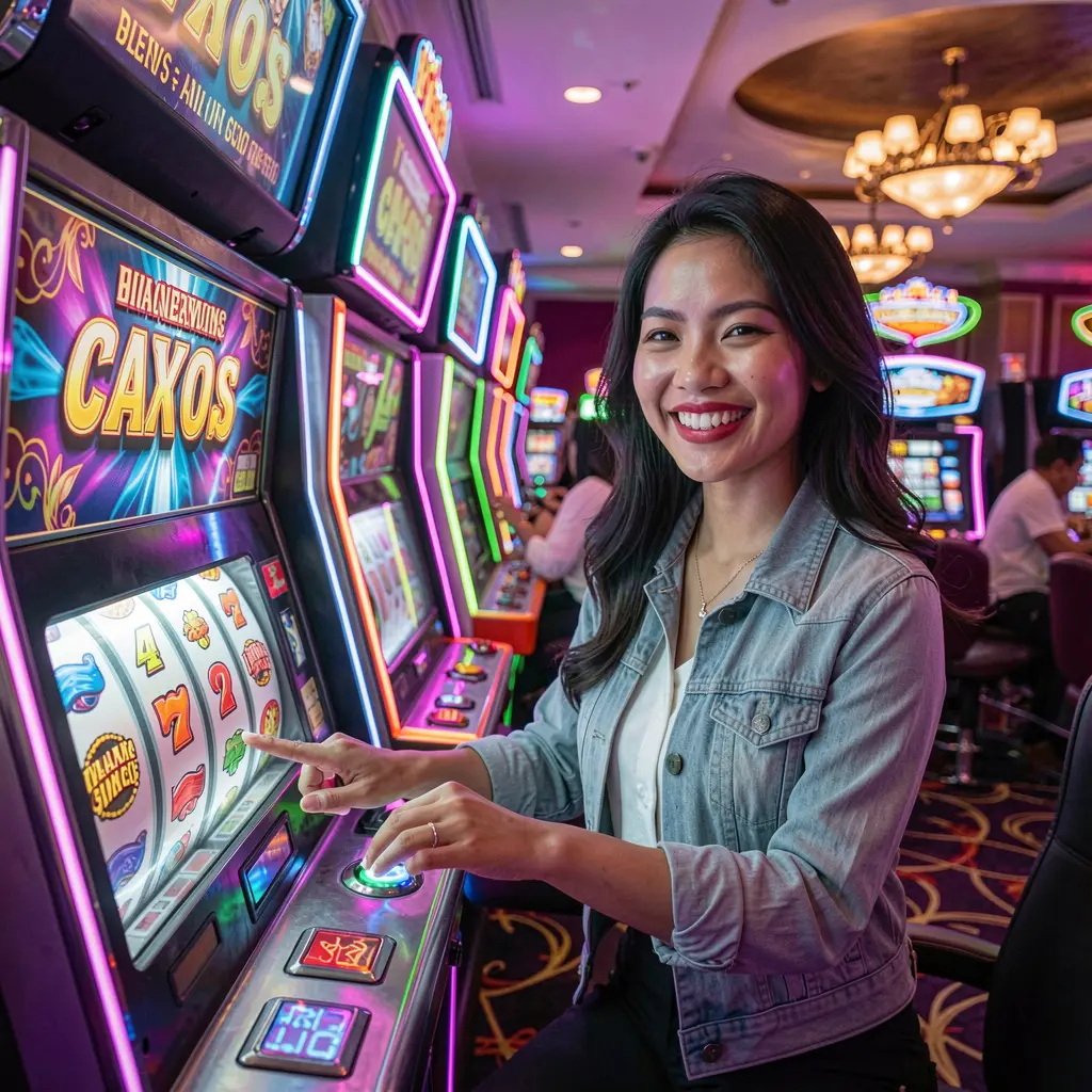 Smiling Filipino woman pressing the spin button on a glowing slot machine surrounded by colorful reels and neon lights at PHPHPH777 casino